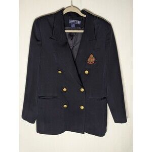 Charter Club 100% Wool Double Breasted Blue Blazer Womens Sz 10 Crested Academia
